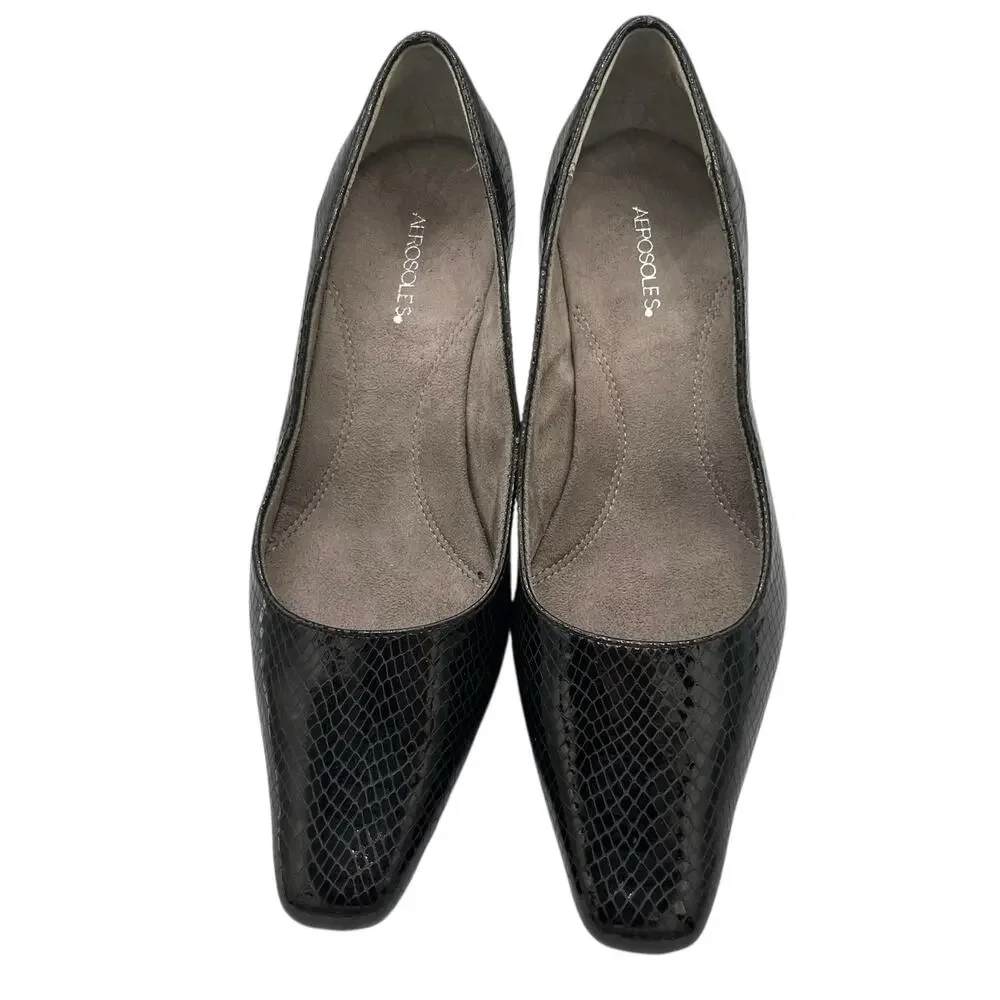 Aerosoles Black Snakeskin Embossed 2” Heel Comfort Pumps Workwear Travel